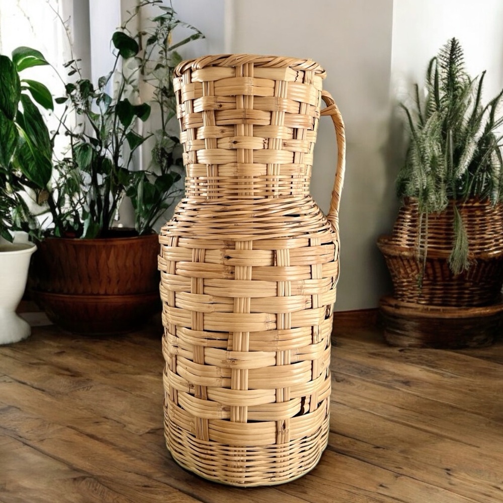 VTG Rattan Wicker Woven Floor Vase Tall Boho Cottage